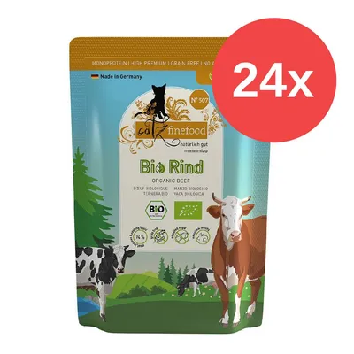 Cat Finefood Bio Rind, Monoprotein, High Premium, Getreidefrei, Made in Germany, Bio-Zertifikat, Packung mit 24 Stück.
