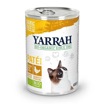 Yarrah Bio-Organic Since 1992 paté met kip, zeewier en spirulina, graanvrije receptuur, afbeelding van kat, blik van 400 g, BIO ORGANIC keurmerk zichtbaar