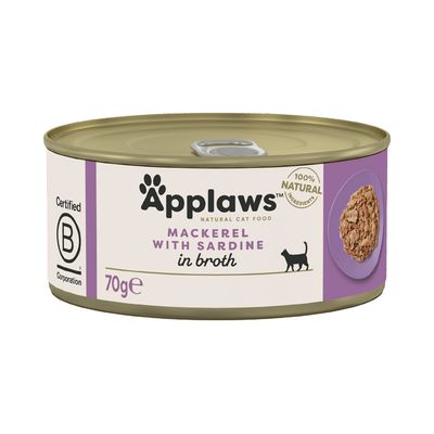 Applaws Natuurlijk Kattenvoer, Makreel met Sardine in bouillon, 70 g blik, Gecertificeerde B Corporation, 100% natuurlijke ingrediënten, Productafbeelding met voederstukken
