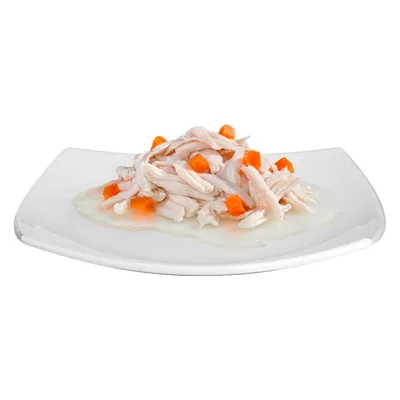 Suggerimento di presentazione: strisce di pollo con pezzi di carota in salsa su piatto bianco.