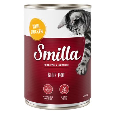 Smilla Beef Pot med teksten 'WITH CHICKEN', 'FOOD FOR A LIFETIME', 'CONTAINS TAURINE', 'GRAIN-FREE', 400 g. Billede af kat på dåsen.