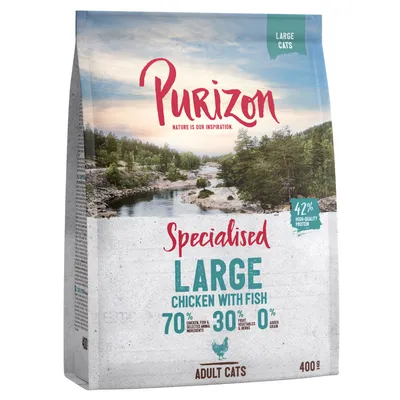 Purizon Adult Cats, Large kuře s rybou, 400g. 70 % maso a ryby, 30 % zelenina a bylinky, 0 % obilovin. Speciálně pro velké kočky. 42 % kvalitních bílkovin.
