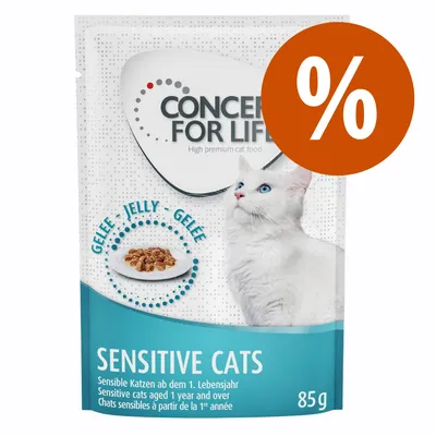 Concept for Life Sensitive Cats, Gelee, für sensible Katzen ab dem 1. Lebensjahr, 85g. Prozentzeichen für Rabattaktion.