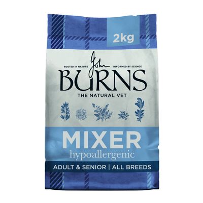 Burns The Natural Vet Mixer hypoallergenic, 2kg, Adult & Senior, All Breeds. Packaging with plant illustrations.