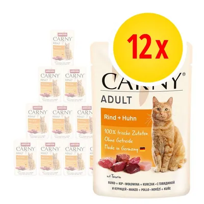 Zestaw 12 saszetek Animonda Carny Adult Rind + Huhn dla kota. Widoczne napisy: 100% frische Zutaten, Ohne Getreide, Made in Germany, mit Taurin. Obraz mięsa i kota na opakowaniu. Zestaw 12 saszetek Animonda Carny Adult Rind + Huhn dla kota. Widoczne napisy: 100% frische Zutaten, Ohne Getreide, Made in Germany, mit Taurin. Obraz mięsa i kota na opakowaniu.