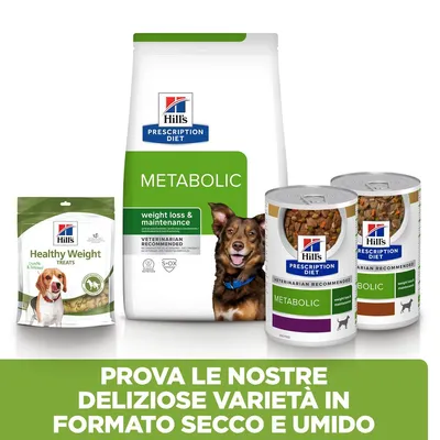 Hill's Prescription Diet Metabolic per cani, confezioni di crocchette, snack Healthy Weight Treats e due lattine umido. Testo: Prova le nostre deliziose varietà in formato secco e umido.