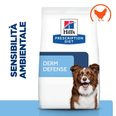 Confezione Hill's Prescription Diet Derm Defense, scritta 'Sensibilità ambientale', icona arancione di pollo in alto a destra, parte di un cane visibile in basso. Confezione Hill's Prescription Diet Derm Defense, scritta 'Sensibilità ambientale', icona arancione di pollo in alto a destra, parte di un cane visibile in basso.