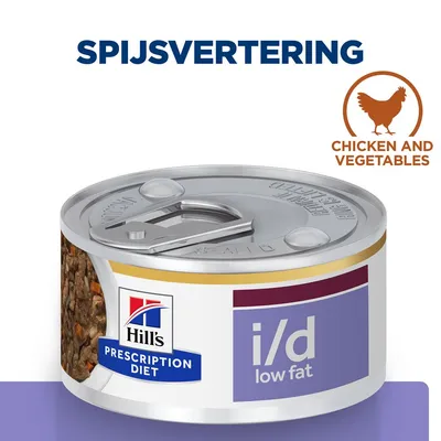 Hill's Prescription Diet i/d low fat natvoer, tekst: spijsvertering, chicken and vegetables. Blik met afbeelding van voer en merklogo zichtbaar.