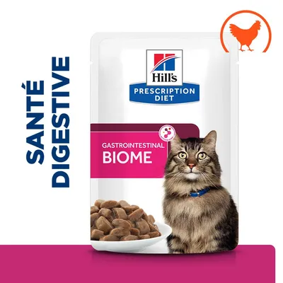 Hill's Prescription Diet Gastrointestinal Biome pour chat, sachet avec croquettes en sauce, mention « SANTÉ DIGESTIVE », pictogramme poulet visible. Hill's Prescription Diet Gastrointestinal Biome pour chat, sachet avec croquettes en sauce, mention « SANTÉ DIGESTIVE », pictogramme poulet visible.