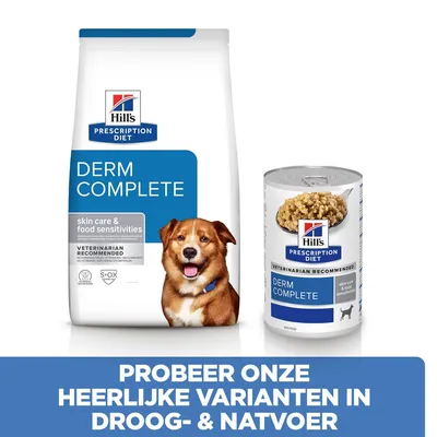 Hill's Prescription Diet Derm Complete droog- en natvoer voor honden, tekst: 'Probeer onze heerlijke varianten in droog- & natvoer', verpakking met merknaam en productnaam zichtbaar.
