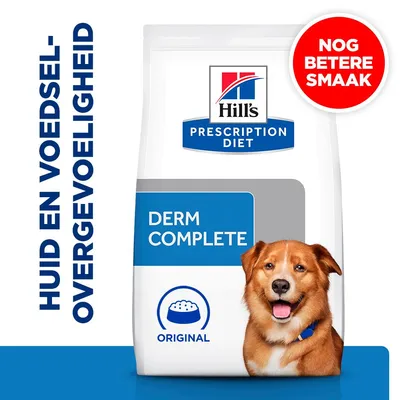 Hill's Prescription Diet Derm Complete Original, huid en voedselovergevoeligheid, nog betere smaak. Hondenvoer verpakking met blauwe en witte accenten. Hill's Prescription Diet Derm Complete Original, huid en voedselovergevoeligheid, nog betere smaak. Hondenvoer verpakking met blauwe en witte accenten.