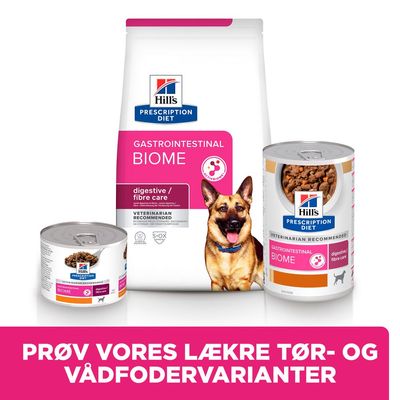 Hill's Prescription Diet Gastrointestinal Biome tør- og vådfoder til hund, digestive/fibre care. Tekst: Prøv vores lækre tør- og vådfodervarianter.