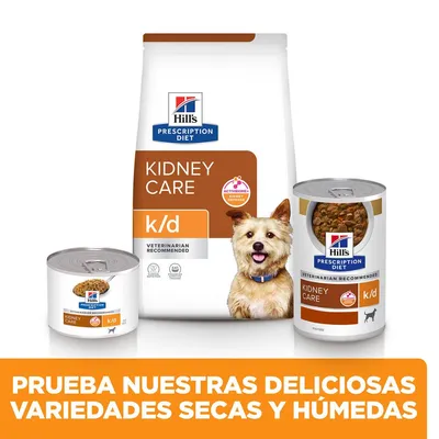 Hill's Prescription Diet Kidney Care k/d, pienso seco y latas húmedas para perros. Texto: Prueba nuestras deliciosas variedades secas y húmedas.