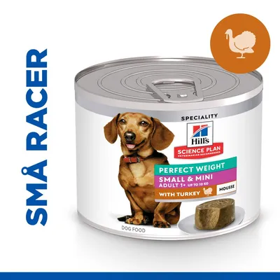 Hill's Science Plan Perfect Weight Small & Mini Adult 1+ op til 10 kg med kalkun mousse, dåse hundemad. Tekst: SMÅ RACER, SPECIALITY, DOG FOOD, WITH TURKEY. Hill's Science Plan Perfect Weight Small & Mini Adult 1+ op til 10 kg med kalkun mousse, dåse hundemad. Tekst: SMÅ RACER, SPECIALITY, DOG FOOD, WITH TURKEY.
