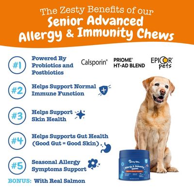 Senior Advanced Allergy & Immunity Chews benefits: powered by probiotics and postbiotics, supports immune function, skin health, gut health, seasonal allergy symptoms. Bonus: with real salmon.