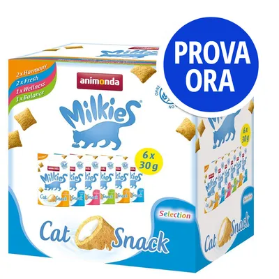 Confezione Animonda Milkies Cat Snack Selection, 6 x 30 g. Visibili vari gusti: 2x Harmony, 2x Fresh, 1x Wellness, 1x Balance. Testo cerchio blu: PROVA ORA.