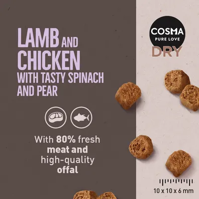 COSMA PURE LOVE DRY. Lamb and chicken with tasty spinach and pear. With 80% fresh meat and high-quality offal. Kibble size 10 x 10 x 6 mm shown.