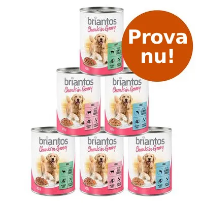 Sex burkar Briantos Chunks in Gravy hundmat, synliga etiketter med näringsinformation och bild på hund. Orange cirkel med texten 'Prova nu!'.