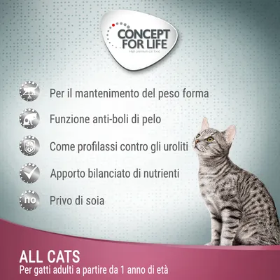 CONCEPT FOR LIFE. Per il mantenimento del peso forma, funzione anti-boli di pelo, profilassi contro gli uroliti, apporto bilanciato di nutrienti, privo di soia. ALL CATS per gatti adulti da 1 anno.