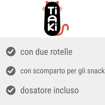 Tiaki con due rotelle, con scomparto per gli snack, dosatore incluso
