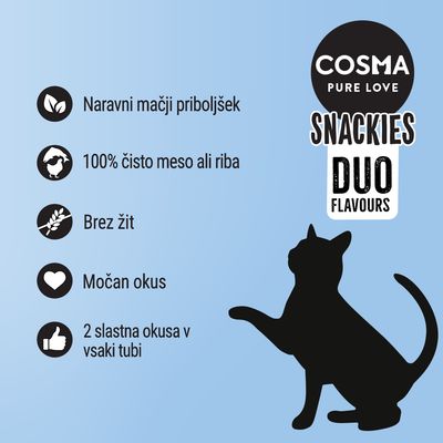COSMA PURE LOVE SNACKIES DUO FLAVOURS. Naravni mačji priboljšek, 100 % čisto meso ali riba, brez žit, močan okus, 2 slastna okusa v vsaki tubi.
