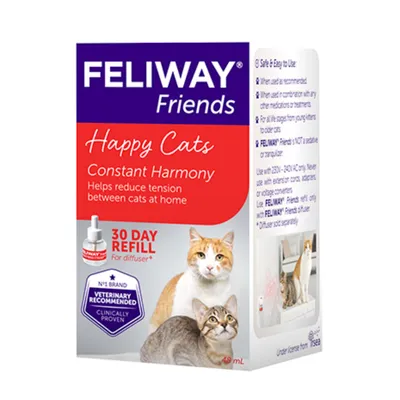 Feliway Friends 30 day refill for diffuser, helps reduce tension between cats at home. Veterinary recommended and clinically proven. Safe and easy to use instructions shown on side. Feliway Friends 30 day refill for diffuser, helps reduce tension between cats at home. Veterinary recommended and clinically proven. Safe and easy to use instructions shown on side.