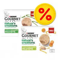 Purina Gourmet nature's creations Dampfgegarte Pastete, 2 boîtes avec pastilles 'NEU' et symbole pourcentage jaune, texte en allemand visible sur l’emballage.