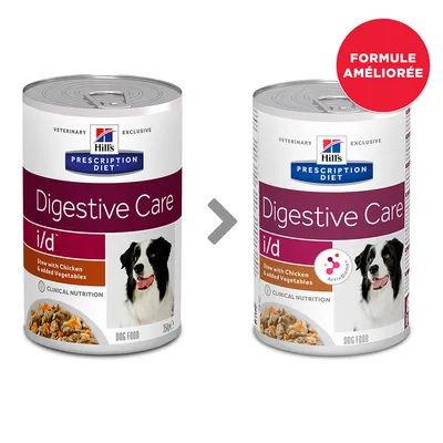 Deux boîtes Hill's Prescription Diet Digestive Care i/d, Stew with Chicken & added Vegetables, avant et après changement de formule, texte : FORMULE AMÉLIORÉE.