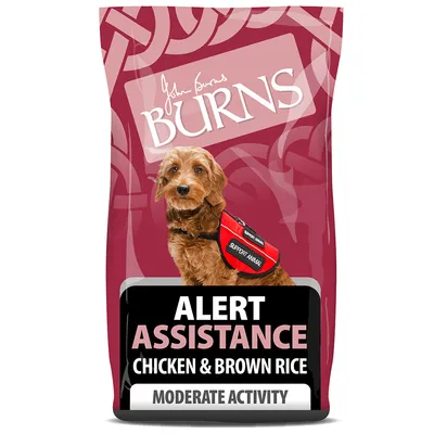 Burns Alert Assistance Chicken & Brown Rice for moderate activity, showing a support animal wearing a red vest. Product intended for assistance purposes. Burns Alert Assistance Chicken & Brown Rice for moderate activity, showing a support animal wearing a red vest. Product intended for assistance purposes.