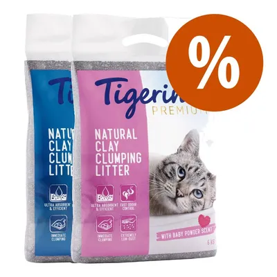 2 x 6 kg Tigerino Premium macskaalom próbacsomag - 2 x 6 kg (babapúder, sensitive)