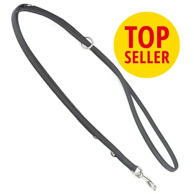 Guinzaglio nero con moschettone in metallo, anelli regolabili visibili. Cerchio giallo con testo rosso: TOP SELLER.