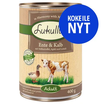 Lukullus Ente & Kalb, Adult, 400 g. Kokeile nyt. Tekstit saksaksi ja englanniksi: Duck & veal with sweet potato, apple and linseed oil. Kuvassa ankka ja vasikka.