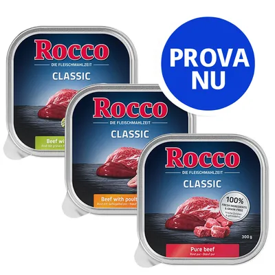 Tre förpackningar Rocco Classic våtfoder, smaker: Beef with poultry, Beef with green tripe, Pure beef. Text på blå cirkel: PROVA NU. Synlig text: 100% fresh ingredients & grain-free, 300 g.