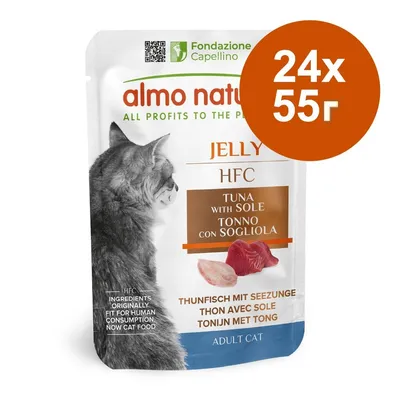 almo nature HFC Jelly Tuna with Sole за котки, 24×55 г. Опаковка с изображение на котка и парчета риба. Видим текст: 'ALL PROFITS TO THE PLANET', 'ADULT CAT'.