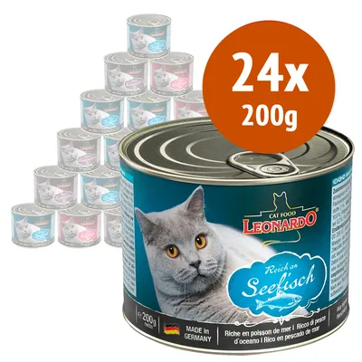 Confezione da 24 lattine Leonardo Cat Food, ciascuna da 200 g, gusto Seefisch. Etichetta con gatto grigio e testo: Made in Germany, Ricco di pesce d’oceano.