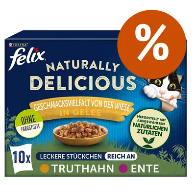 Purina felix Naturally Delicious, 10x bocconcini in gelatina, senza coloranti, con ingredienti naturali. Gusti: tacchino e anatra. Testo promozionale in tedesco. Purina felix Naturally Delicious, 10x bocconcini in gelatina, senza coloranti, con ingredienti naturali. Gusti: tacchino e anatra. Testo promozionale in tedesco.