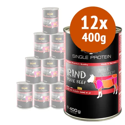 12 lattine da 400 g ciascuna di BELCANDO Single Protein Rind Pure Beef, testo visibile: 'Single Protein', 'Rind Pure Beef', 'Super Premium Quality', 'Made in Germany', 'e 400 g netto'.