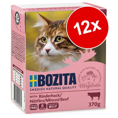 BOZITA Swedish Natural Quality s hovězím, 12×370g, Grain Free, β-glukan, kousky v želé. Obal s obrázkem kočky a nápisem Cooked with natural ingredients in Vårgårda.