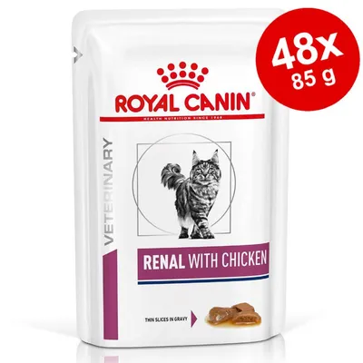 Royal Canin Renal with Chicken våtfoder för katt, 48 x 85 g. Bild på katt och bitar i sås. Text: VETERINARY, RENAL WITH CHICKEN, thin slices in gravy.