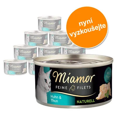 Konzervy Miamor Feine Filets Huhn & Thun Naturell, sada více kusů. Oranžový kruh s textem: nyní vyzkoušejte.