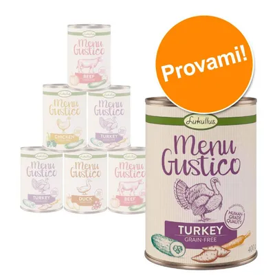Scatolette Lukullus Menu Gustico: Beef, Chicken, Turkey, Duck. In primo piano lattina Turkey grain-free 400 g con scritta 'Provami!'. Testo visibile: Human-grade quality.
