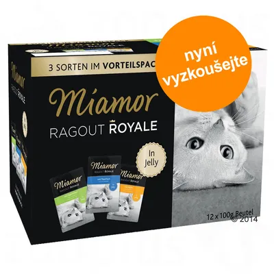 Miamor Ragout Royale In Jelly, 3 druhy v balení, nyní vyzkoušejte, 12×100g Beutel. Na obalu fotografie kočky a tří sáčků s krmivem.