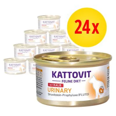 Kattovit Feline Diet Urinary mit Kalb, Struvitstein-Prophylaxe (FLUTD), 24x burkar kattmat synliga på bilden.