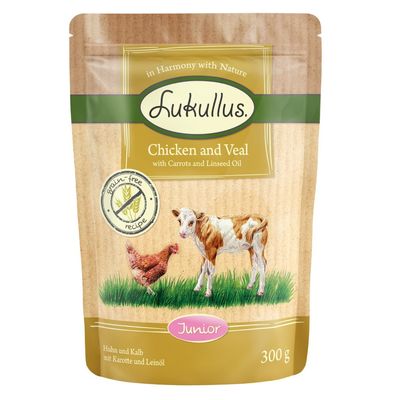 Lukullus in buste 48 x 300 g Alimento umido per cane Junior pollo e vitello (senza cereali)