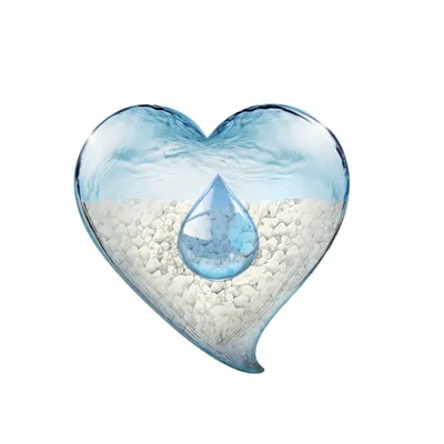 Heart-shaped display with water and white stones, symbolising moisture retention.