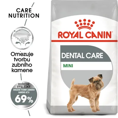 ROYAL CANIN DENTAL CARE MINI, omezuje tvorbu zubního kamene, osvědčené výsledky: omezení tvorby zubního kamene až o 69 %, obrázek malého psa na obalu.