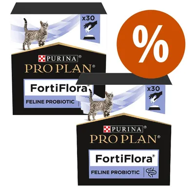 PURINA PRO PLAN FortiFlora Feline Probiotikum, 30 darab. A képen két, macskás motívummal ellátott termékcsomagolás és egy százalékjel látható, amely a kedvezményt jelzi.