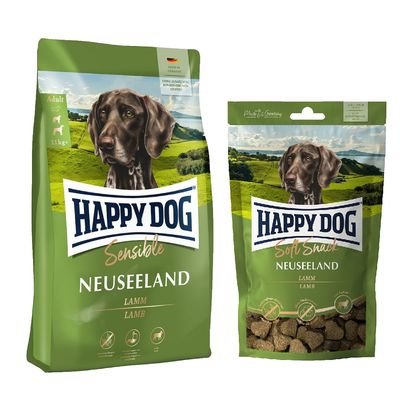 Happy Dog Kombi-Paket:  Supreme Sensible 10 / 12,5 kg + 5 x 100 g Soft Snack Sensible Neuseeland 12,5kg + Neuseeland 5 x 100 g