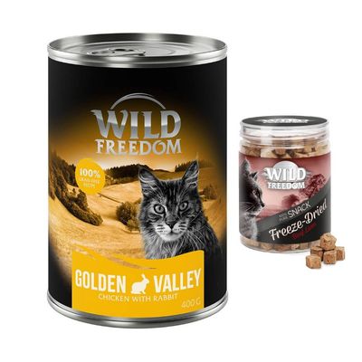 Wild Freedom Kombi-Paket: 24 x 400 g Adult Nassfutter + 3 x 45 g RAW Golden Valley - Kaninchen & Huhn + Hühnerherzen