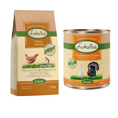 Lukullus Kaltgepresst Kombi-Paket: 10 kg Trockenfutter + 24 x 800 g Nassfutter Adult Huhn & Forelle + Putenherzen & Gans